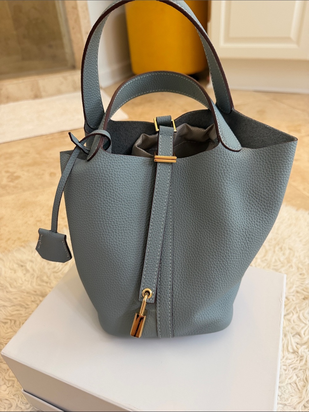 Women's Pebbled Leather Picotin Bucket Bag in Slate Blue bundled with the wallet